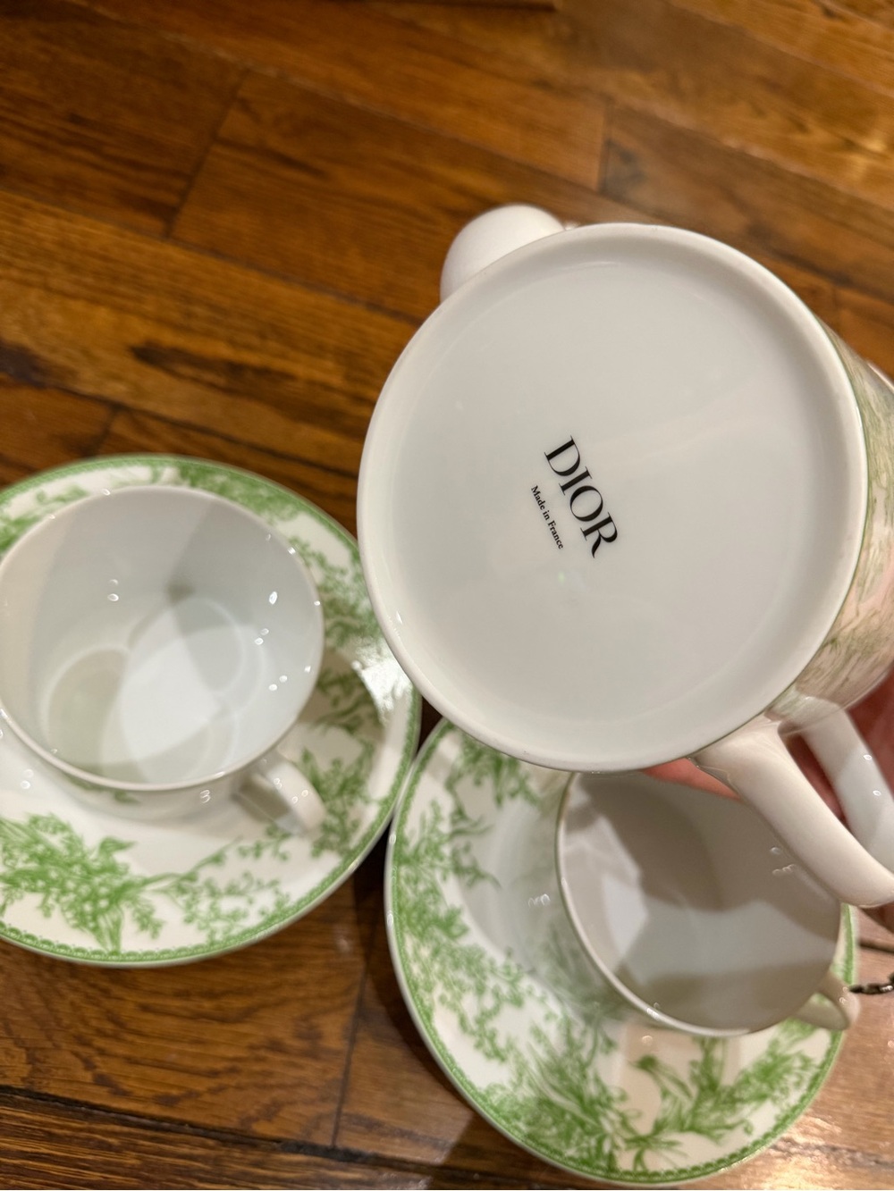 Dior White Porcelain Tea Cups with Green Botanical Trim